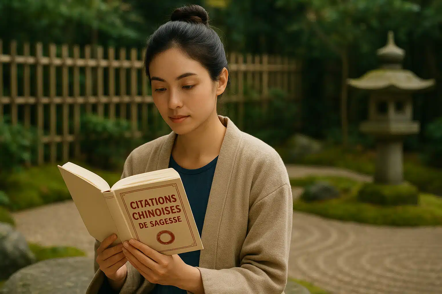 Jeune femme brune avec un chignon lisant un livre de citations chinoises dans un jardin zen, entourée de verdure, de sable ratissé et d’une lanterne en pierre.