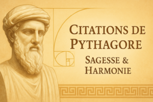 Buste de Pythagore et spirale de Fibonacci – Citations, sagesse et harmonie