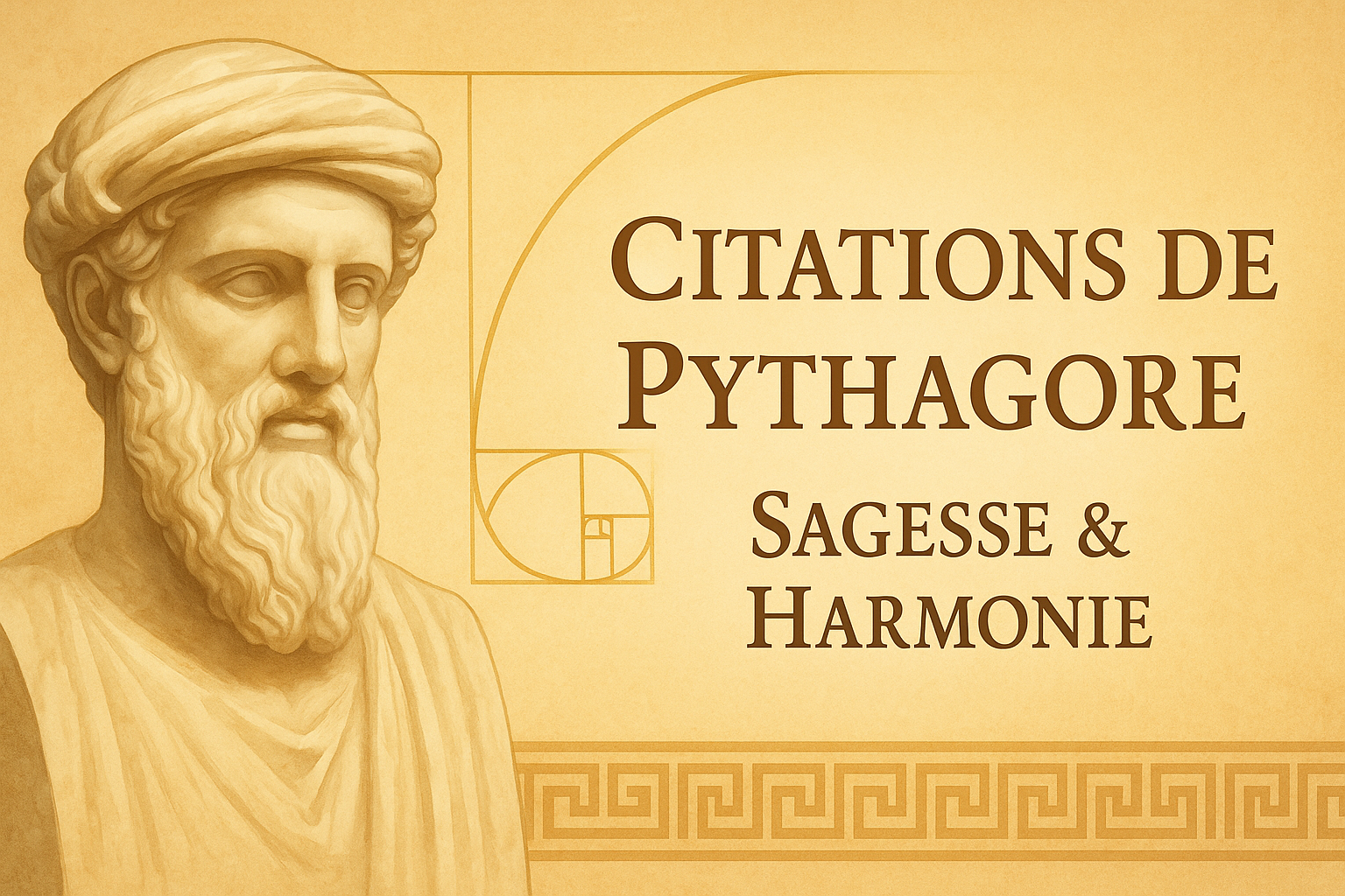 Buste de Pythagore et spirale de Fibonacci – Citations, sagesse et harmonie
