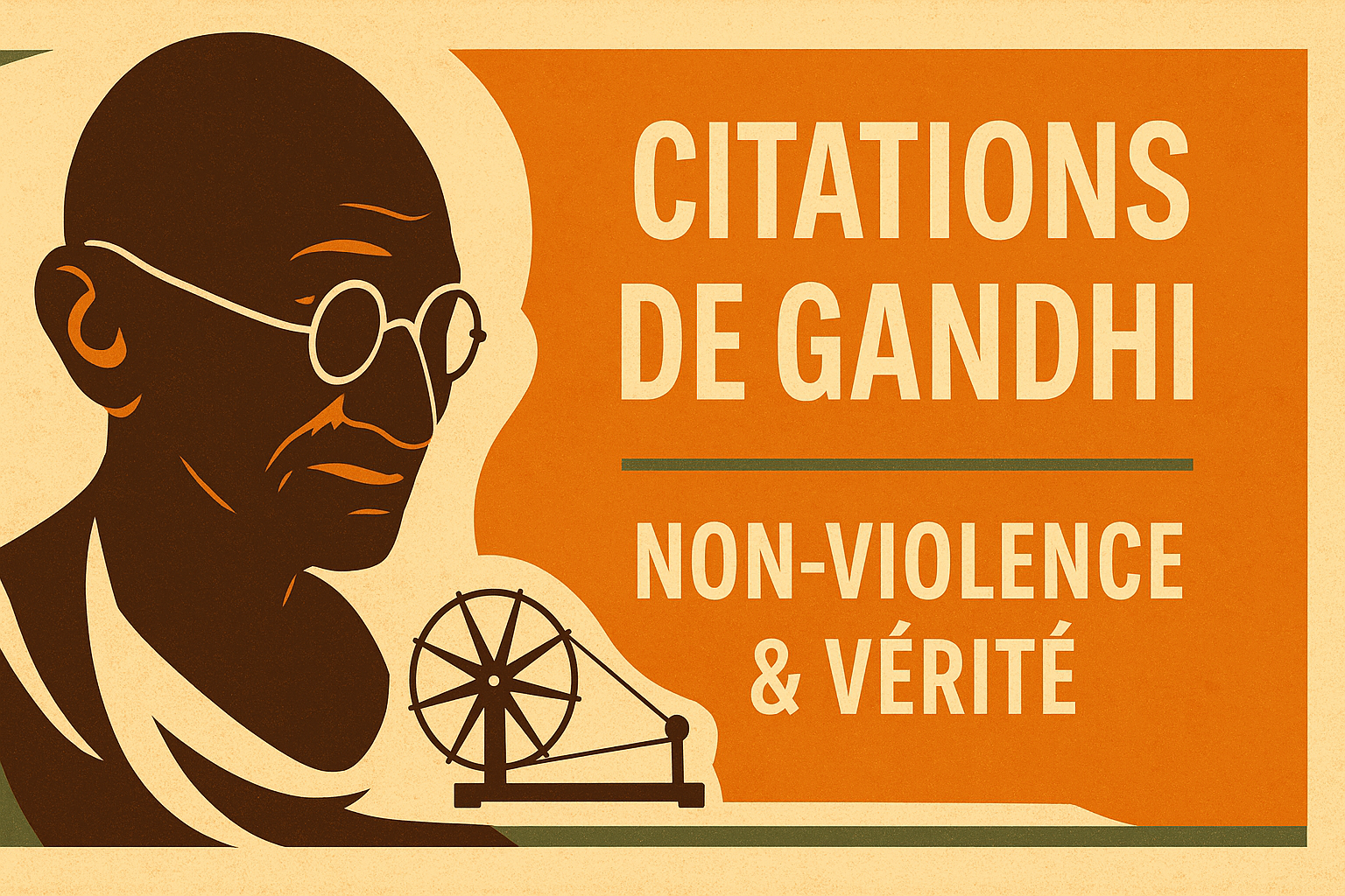 Portrait stylisé de Gandhi avec rouet — Citations, non-violence et vérité