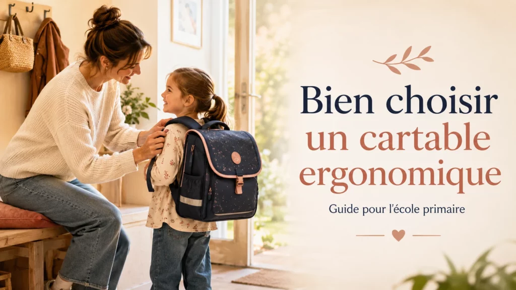 Mère aidant son enfant à ajuster un cartable ergonomique pour l’école primaire