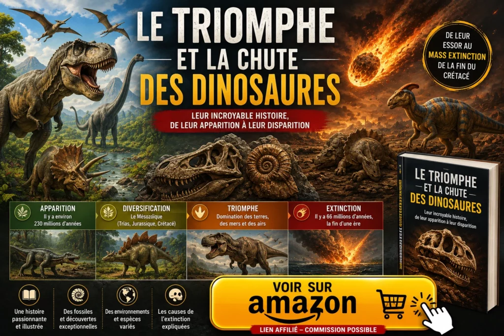 Illustration du triomphe et de la chute des dinosaures, de leur essor à leur extinction