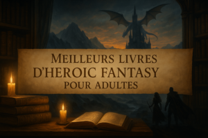 Illustration épique avec dragon, château et héros médiévaux, pour un article sur les meilleurs livres d’heroic fantasy pour adultes" title="Meilleurs livres d’heroic fantasy pour adultes