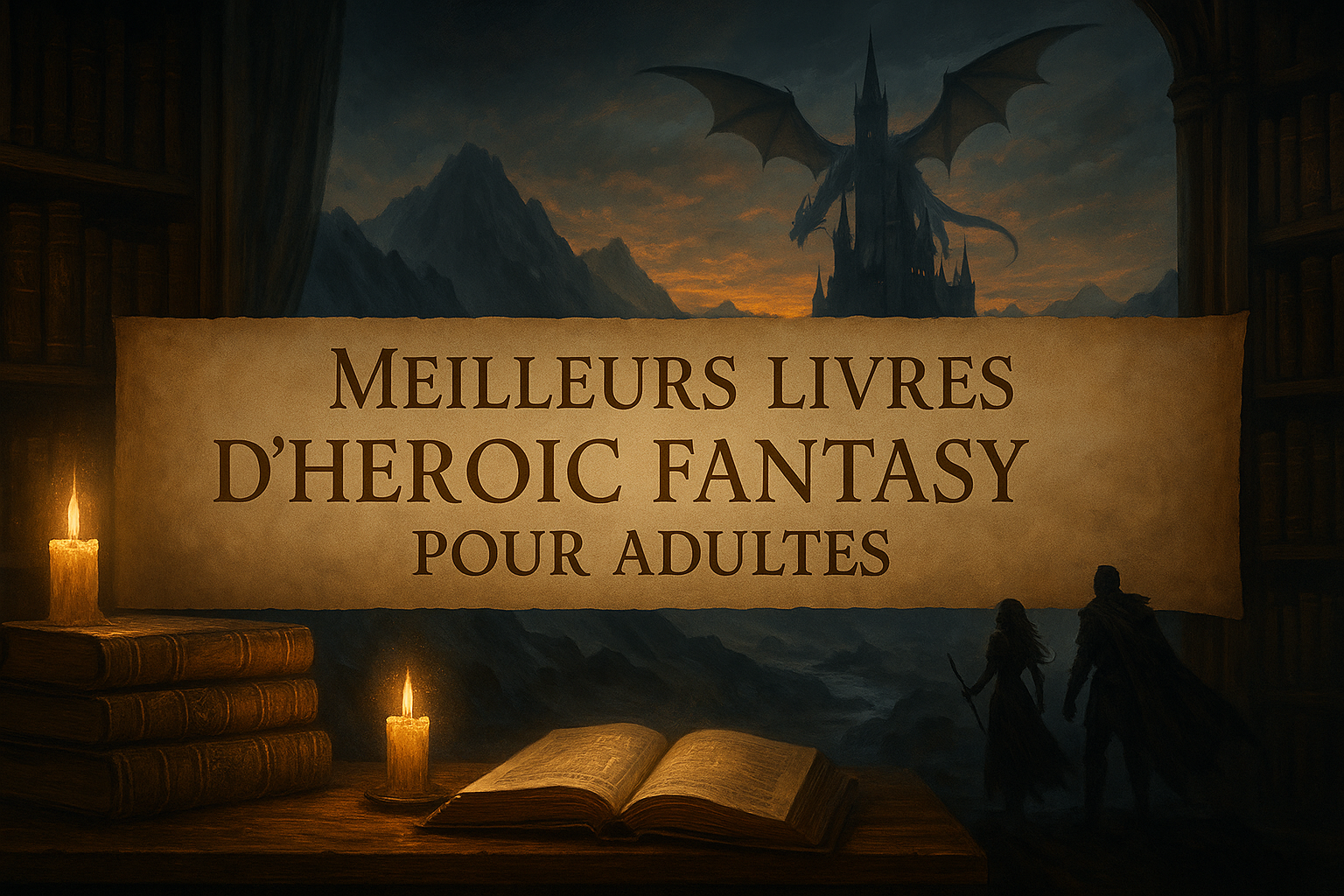 Illustration épique avec dragon, château et héros médiévaux, pour un article sur les meilleurs livres d’heroic fantasy pour adultes" title="Meilleurs livres d’heroic fantasy pour adultes