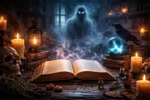 s une bibliothèque sombre avec fantôme et objets paranormaux illustrant les livres surnaturels et paranormaux