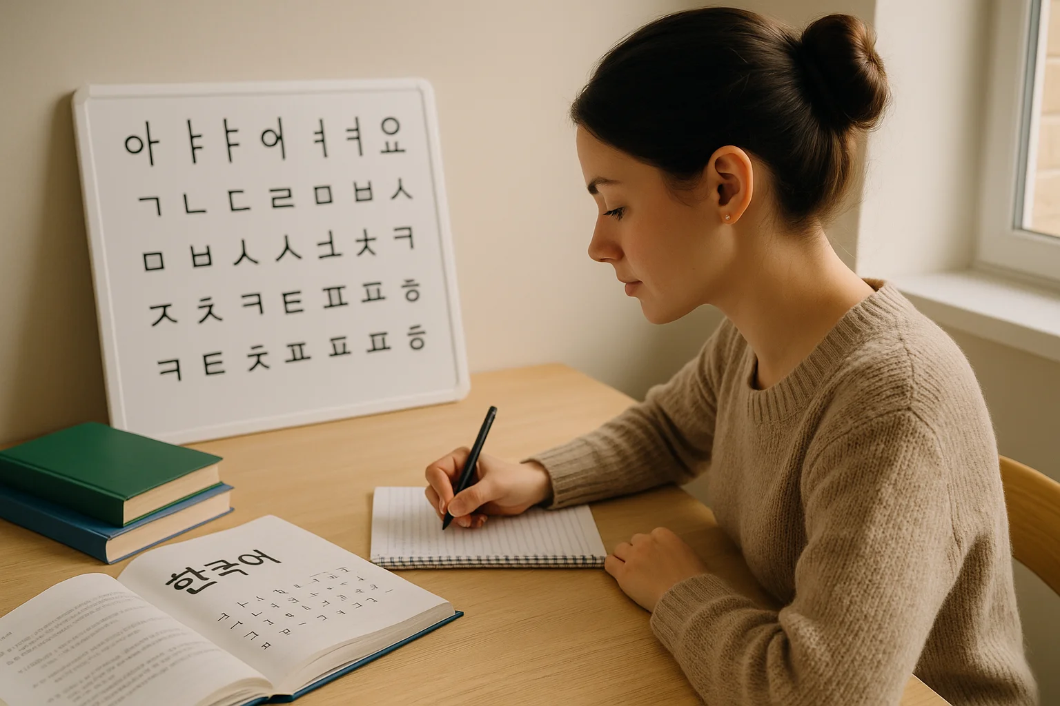 Jeune femme brune avec chignon apprenant le coréen, cahier et alphabet Hangul sur tableau en arrière-plan.