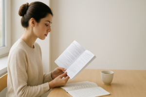 Jeune femme brune avec chignon lisant un manuel pour apprendre le japonais, cahier de hiragana sur un bureau