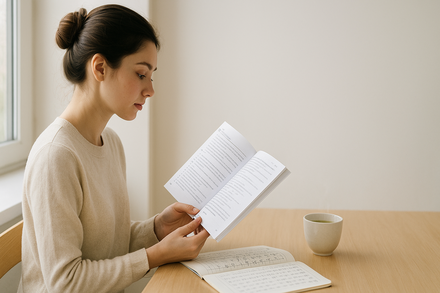 Jeune femme brune avec chignon lisant un manuel pour apprendre le japonais, cahier de hiragana sur un bureau