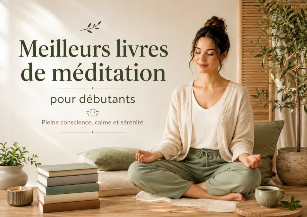 Jeune femme avec un chignon méditant près de livres de méditation pour débutants