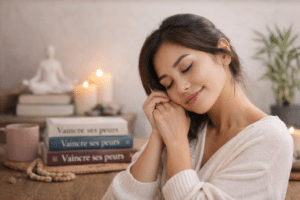 Belle jeune femme brune avec chignon en posture apaisée pour vaincre ses peurs, entourée de livres, bougie et plante dans une ambiance douce et sereine.