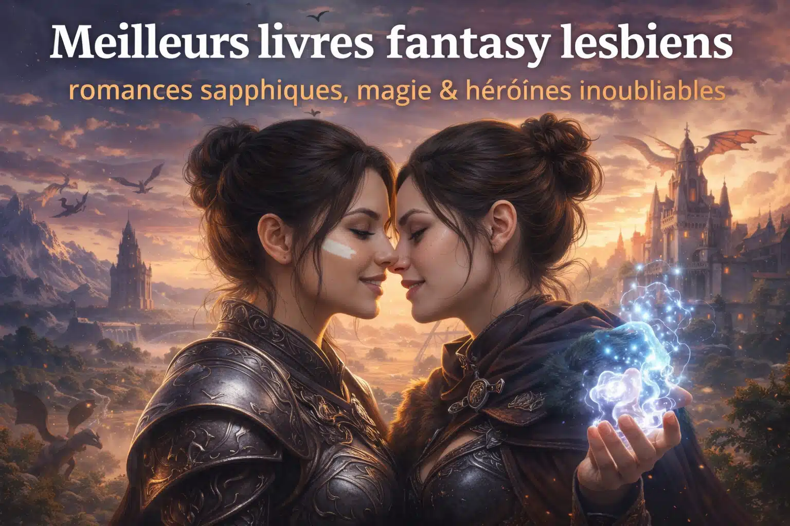 Illustration fantasy lesbienne avec deux héroïnes brunes amoureuses dans un univers magique, représentant les meilleurs livres fantasy lesbiens et romances sapphiques