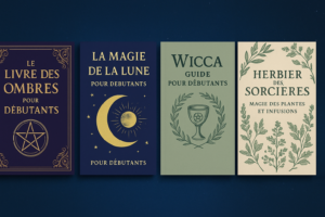 Image horizontale présentant quatre livres pour sorcière débutante : Livre des Ombres, Magie de la Lune, Guide Wicca et Herbier des Sorcières, alignés sur un fond bleu nuit étoilé.