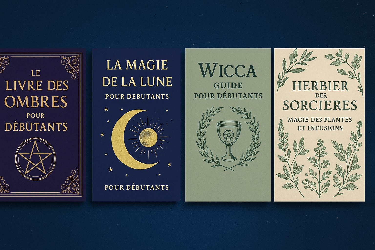 Image horizontale présentant quatre livres pour sorcière débutante : Livre des Ombres, Magie de la Lune, Guide Wicca et Herbier des Sorcières, alignés sur un fond bleu nuit étoilé.