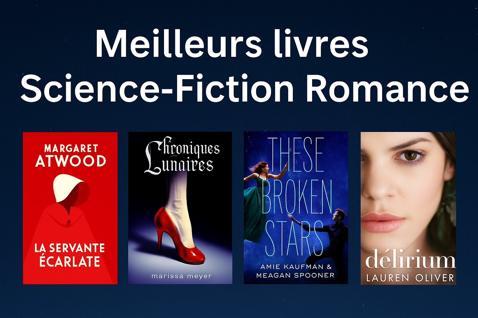 Image horizontale présentant une sélection des meilleurs livres de science-fiction romance, avec les couvertures de “La Servante Écarlate”, “Les Chroniques Lunaires”, “These Broken Stars” et “Delirium” sur un fond galactique bleu nuit.