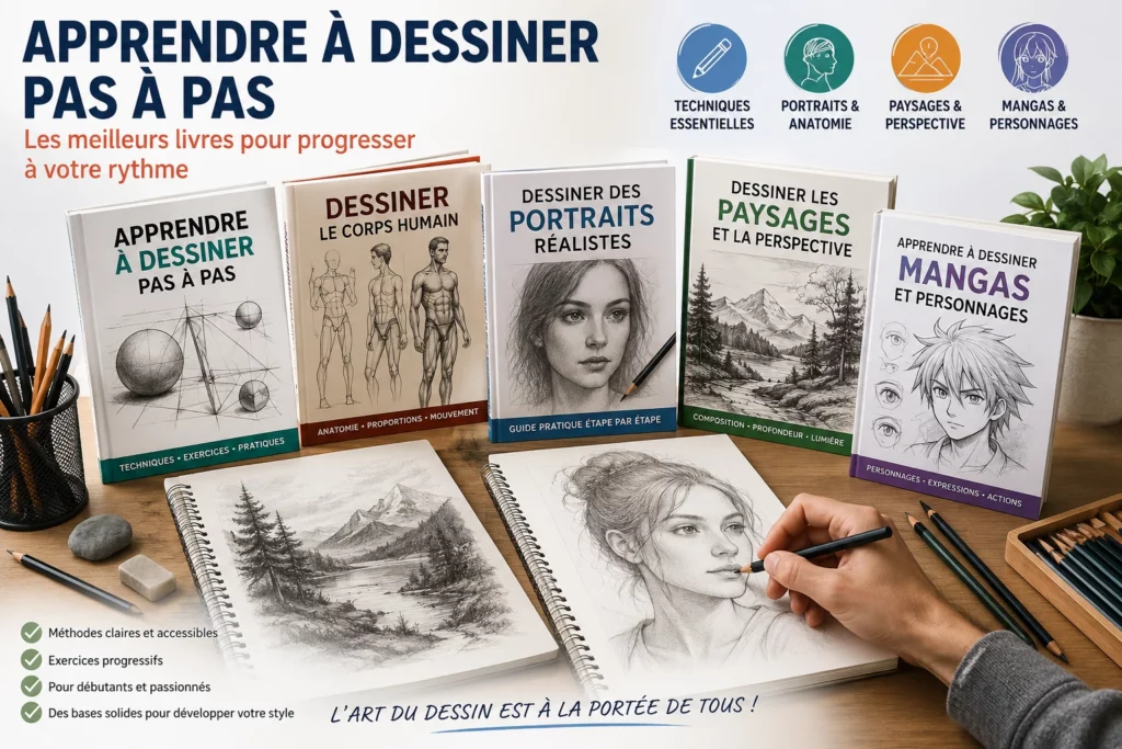 Livres pour apprendre à dessiner pas à pas avec carnet de croquis, crayons et illustrations de portraits, paysages, manga et dessin réaliste