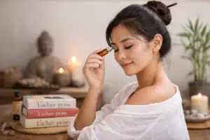 Belle jeune femme brune avec chignon appliquant une huile essentielle apaisante sur sa tempe dans une ambiance douce de lâcher prise et de bien-être.