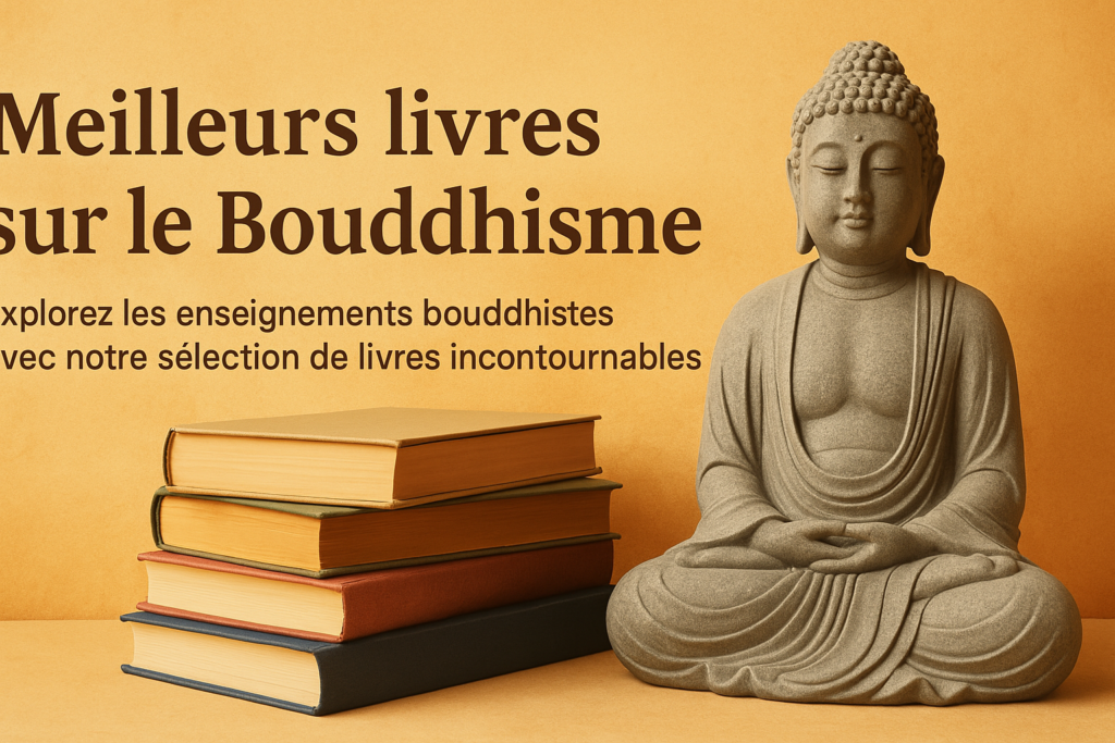 Illustration d'une femme méditant avec des livres sur le bouddhisme tibétain, représentant la paix intérieure et la spiritualité