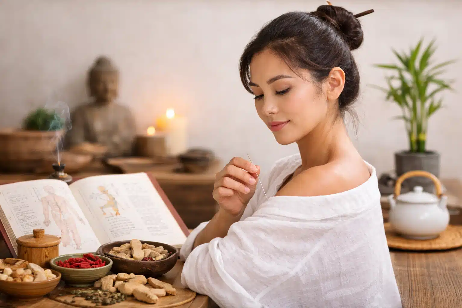 Belle jeune femme brune avec chignon pratiquant l’acupuncture dans une ambiance de médecine chinoise traditionnelle avec livres et plantes médicinales.