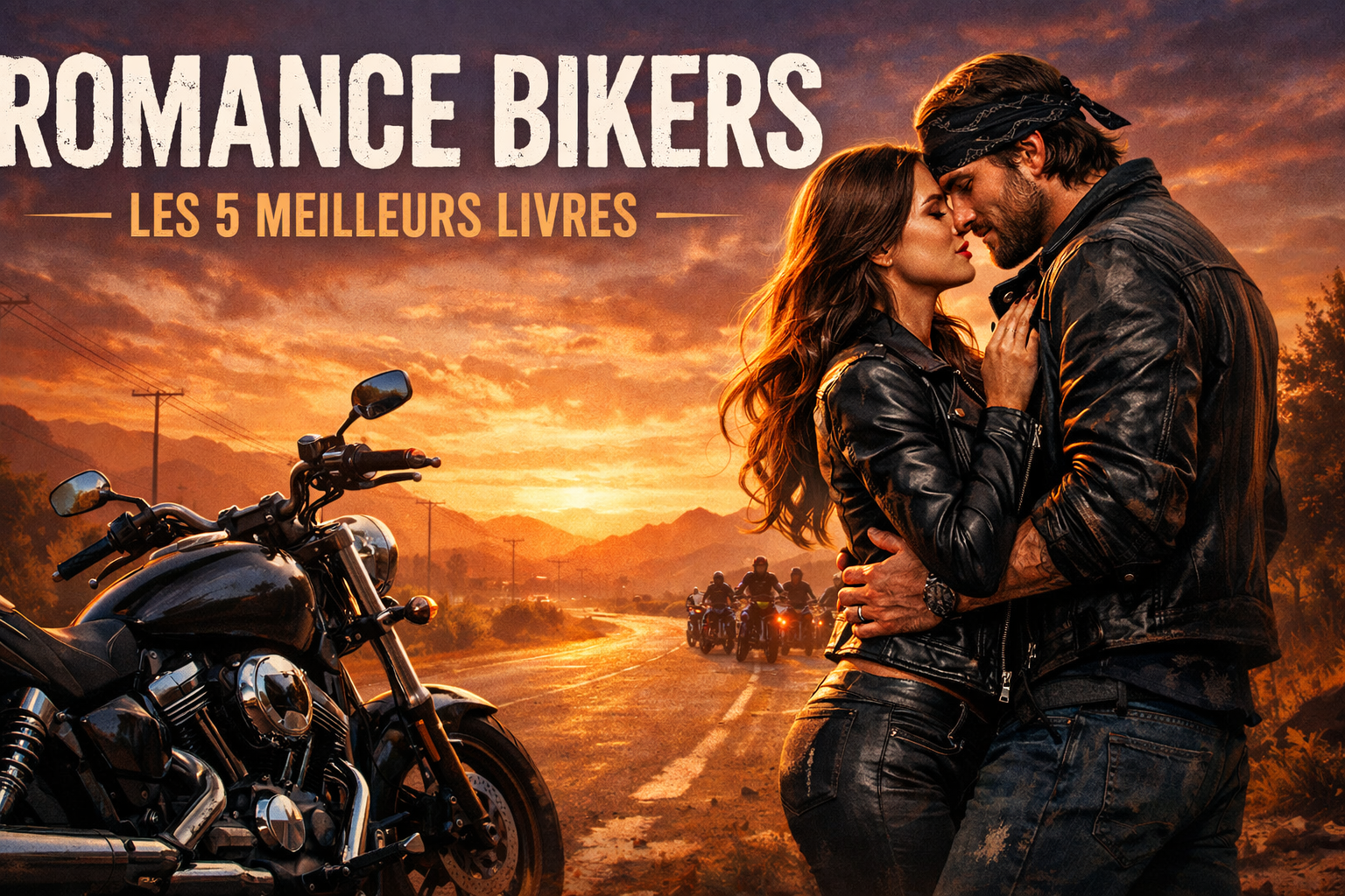Romance bikers : couple amoureux de motards près d’une moto, ambiance passion et liberté, sélection des 5 meilleurs livres