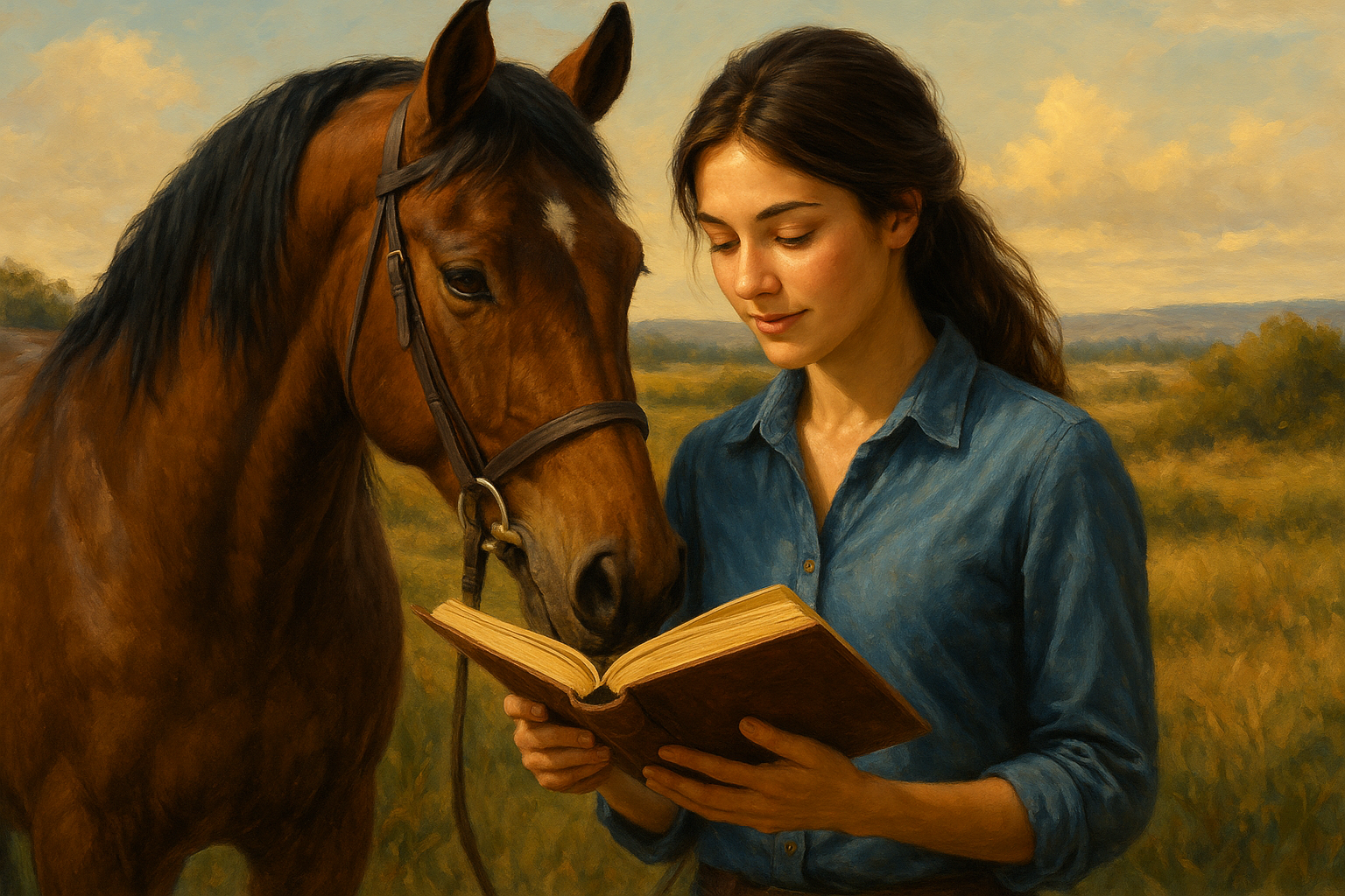 Jeune femme brune lisant un livre près d’un cheval dans un champ ensoleillé.