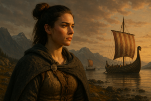 Jeune femme viking brune au chignon devant des drakkars au coucher du soleil, paysage nordique réaliste