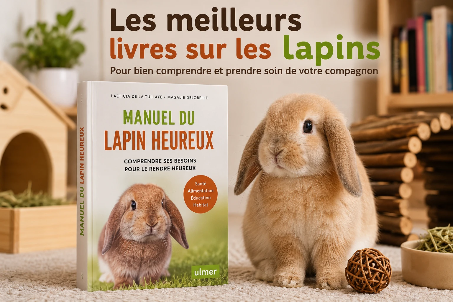 Meilleurs livres sur les lapins de compagnie avec un lapin bélier nain, un guide de soins, du foin et des accessoires