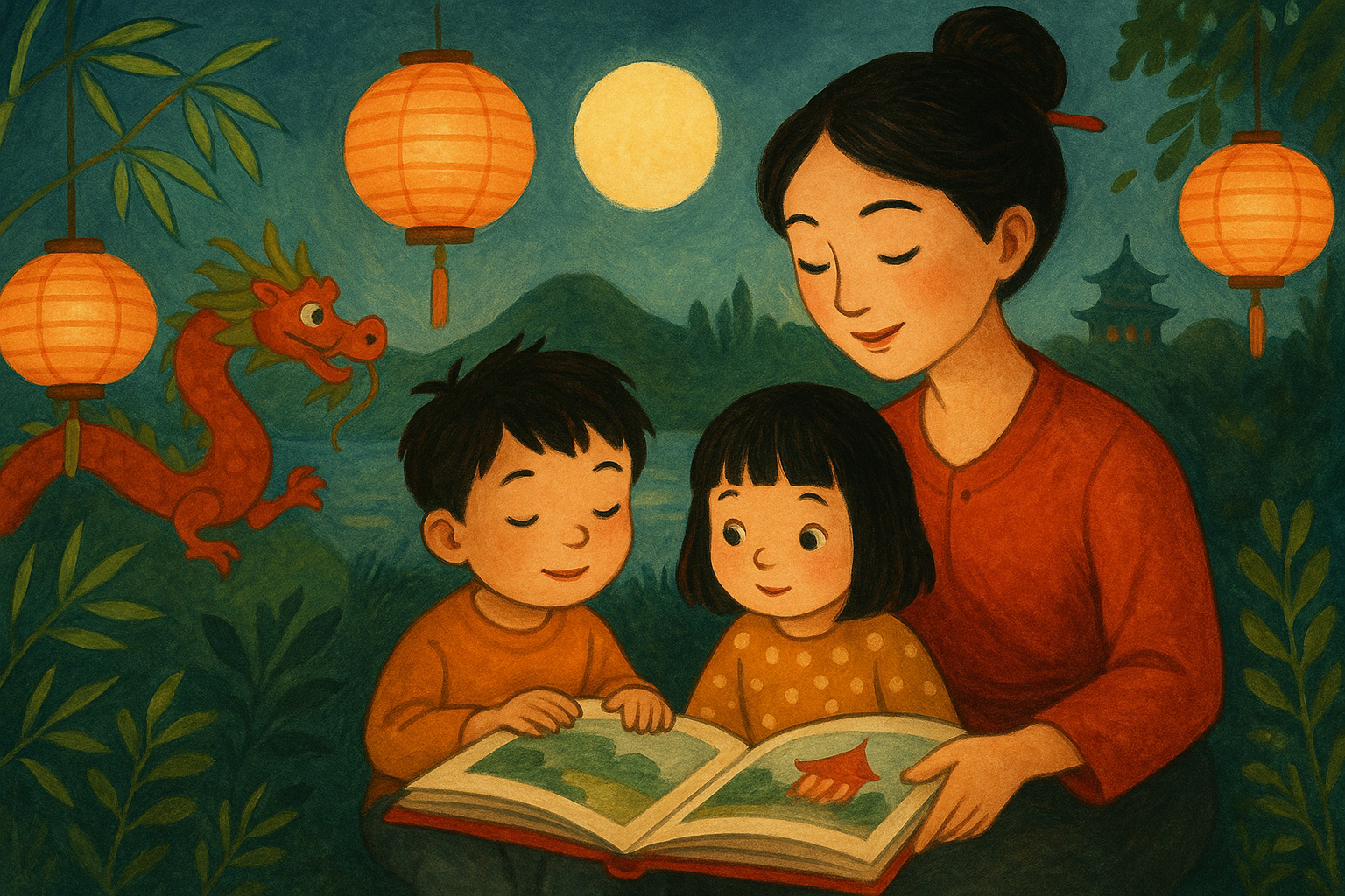 Jeune femme lisant un conte chinois illustré à deux enfants sous des lanternes traditionnelles, avec un dragon amical et un décor nocturne asiatique.
