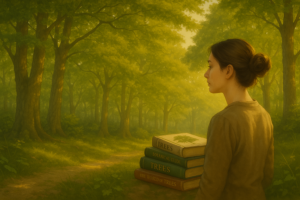 Jeune femme brune avec un chignon dans une forêt lumineuse, debout près d’une pile de livres sur les arbres