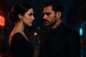 "Jeune femme brune élégante face à un homme à l’allure mafieuse – illustration dark romance"