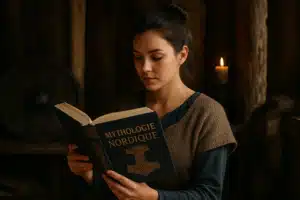 Jeune femme brune avec un chignon lisant un livre de mythologie nordique dans une pièce en bois à la lumière d’une bougie, ambiance viking rustique.