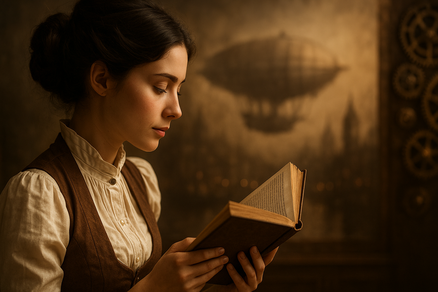 Jeune femme brune avec chignon lisant un roman steampunk, décor victorien aux dirigeables et engrenages.