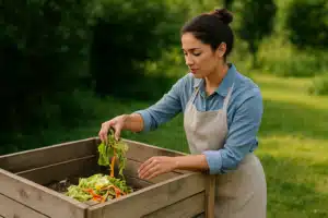 Jeune femme brune avec un chignon ajoutant des déchets organiques dans un composteur en bois dans un jardin, en tenue de jardinage, sous un ciel ensoleillé.