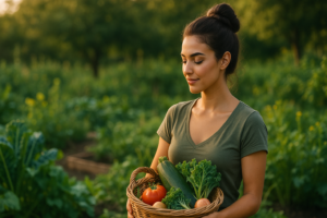 Jeune femme brune au chignon portant un panier de récolte dans un potager perpétuel, légumes vivaces au coucher du soleil
