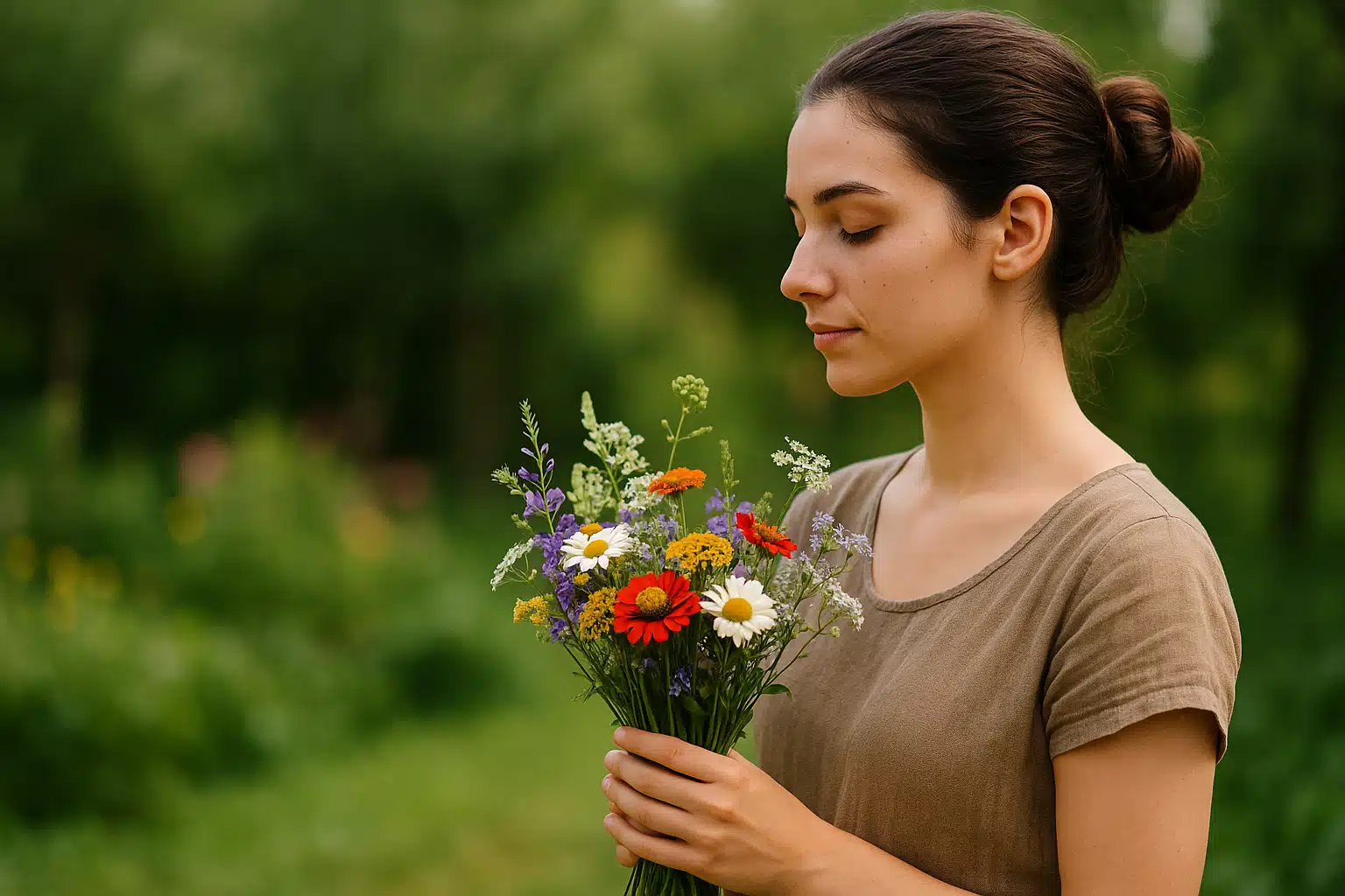 Jeune femme brune avec un chignon tenant un bouquet de fleurs sauvages dans un jardin verdoyant, ambiance nature et douceur.