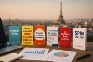 Sélection de 7 meilleurs livres sur la vente disponibles en France, posés sur un bureau avec graphiques, vue de Paris en arrière-plan
