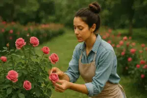 Jeune femme brune avec un chignon cultivant des roses dans une roseraie, vêtue d'une chemise en jean et d'un tablier beige, au cœur d’un jardin verdoyant.