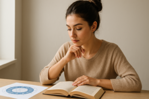 Jeune femme brune coiffée d’un chignon lisant un livre d’astrologie près d’une roue du zodiaque, concentrée à son bureau
