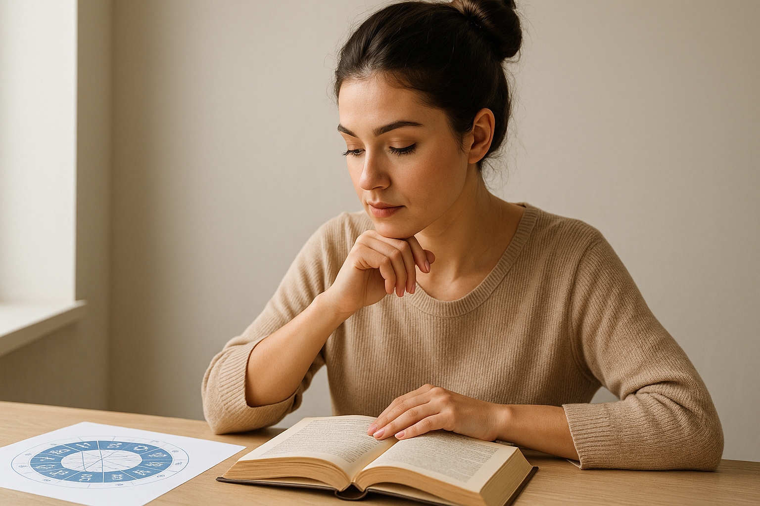 Jeune femme brune coiffée d’un chignon lisant un livre d’astrologie près d’une roue du zodiaque, concentrée à son bureau