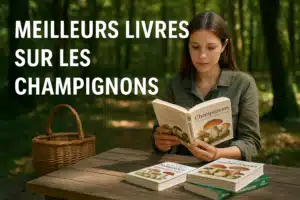 Jeune femme lisant un livre sur les champignons en pleine forêt, assise à une table en bois avec panier de cueillette et guides d’identification des champignons.