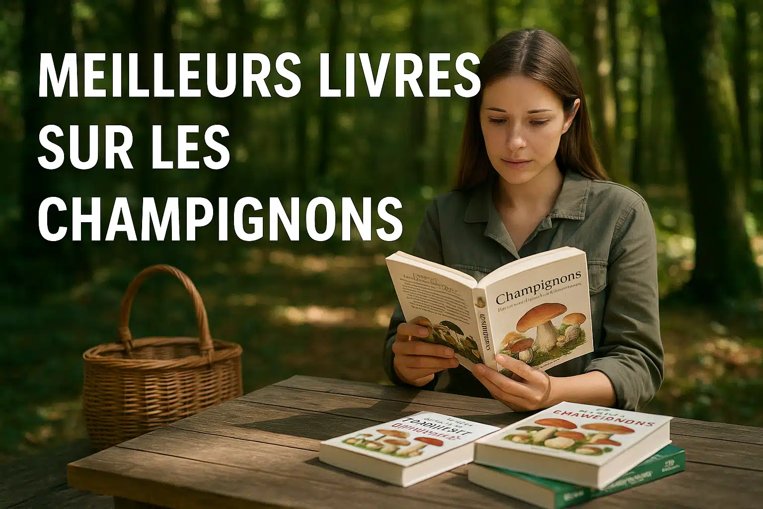 Jeune femme lisant un livre sur les champignons en pleine forêt, assise à une table en bois avec panier de cueillette et guides d’identification des champignons.