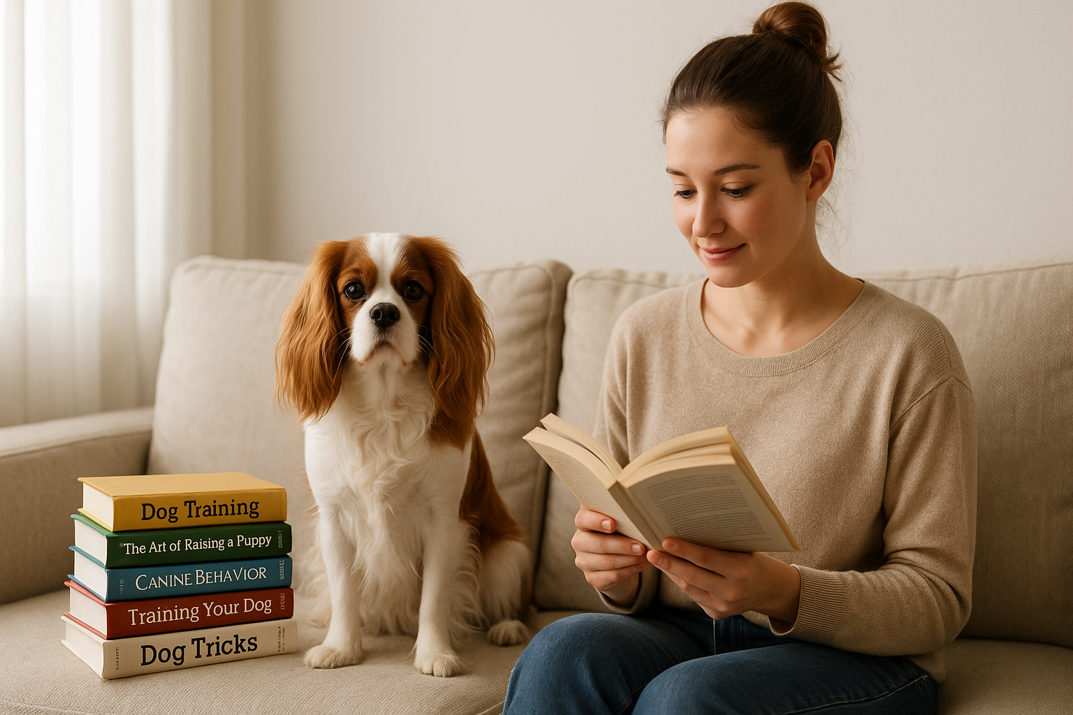Cavalier King Charles assis près de sa maîtresse qui lit des livres d