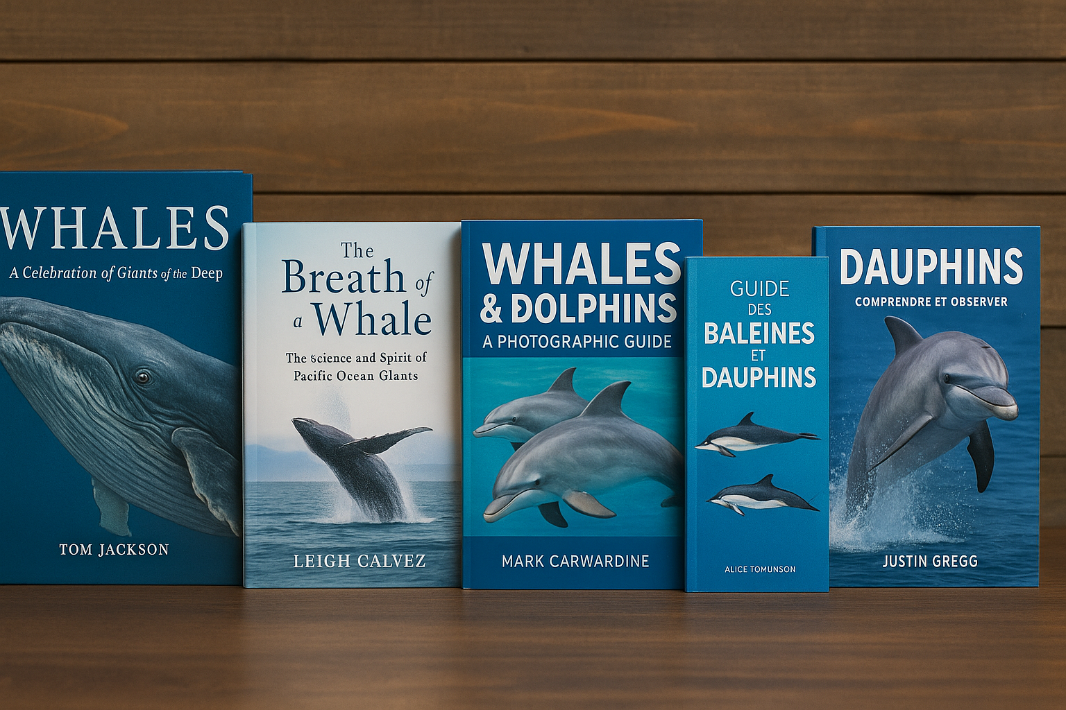 Photo horizontale de cinq livres sur les baleines et dauphins, guides et ouvrages illustrés, pour découvrir et comprendre ces mammifères marins.