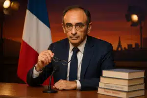 Éric Zemmour assis derrière un bureau, lunettes à la main, drapeau français et pile de livres sur un plateau TV