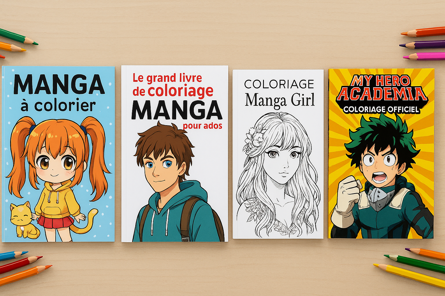 meilleurs-livres-coloriage-manga-adultes-enfants-2025.jpg" alt="Sélection de quatre livres de coloriage manga posés sur une table, représentant différents styles : manga kawaii, manga pour ados, manga girl réaliste et coloriage officiel My Hero Academia.
