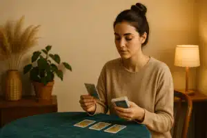 Jeune femme brune avec chignon qui fait un tirage de tarot à table, ambiance douce et chaleureuse