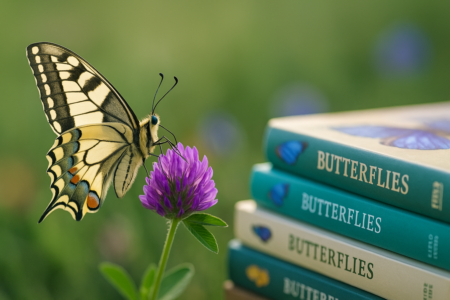 Papillon machaon posé sur un trèfle violet près d’une pile de guides d’identification des papillons