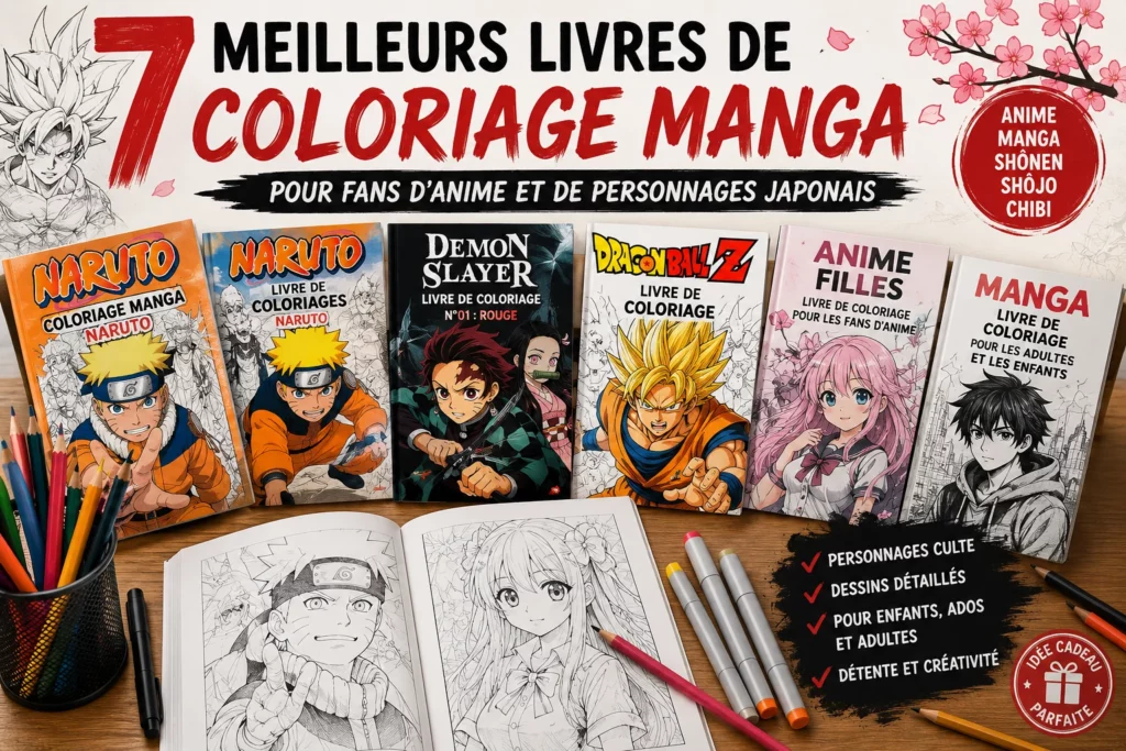 Livres de coloriage manga pour fans d’anime avec crayons, personnages japonais, shônen, shôjo et dessins à colorier
