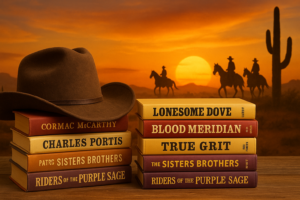 Chapeau de cow-boy et pile de romans western devant un coucher de soleil désertique — ambiance Far West
