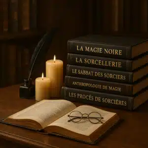 Pile d’ouvrages sur la magie noire et la sorcellerie, bougies et livre ouvert — étude historique et anthropologique