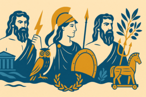 "Mythologie grecque : Zeus, Athéna et Poséidon avec Parthénon, chouette, laurier, olivier et cheval de Troie, style antique."